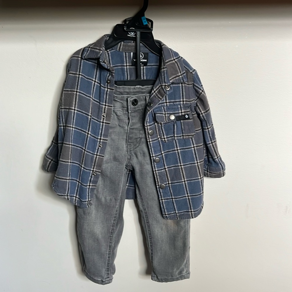 18 month Volcom button down shirt and matching grey jeans